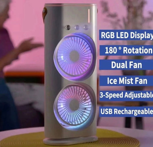 Rechargeable Automatic Rotating Dual Double Spray Mist Fan with Lightening Effects (with Box Packing)